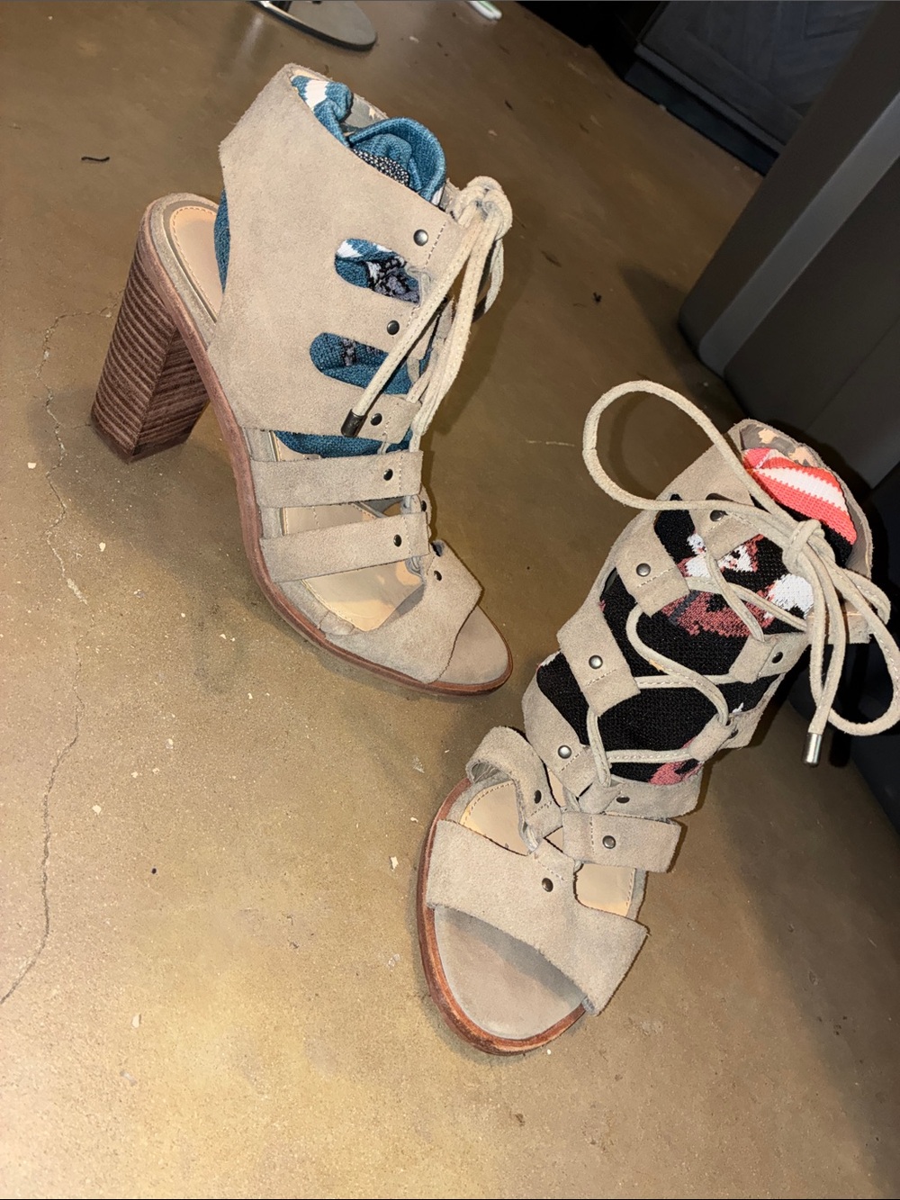 Gianni Bini Beige Suede Strappy Lace-Up Heels